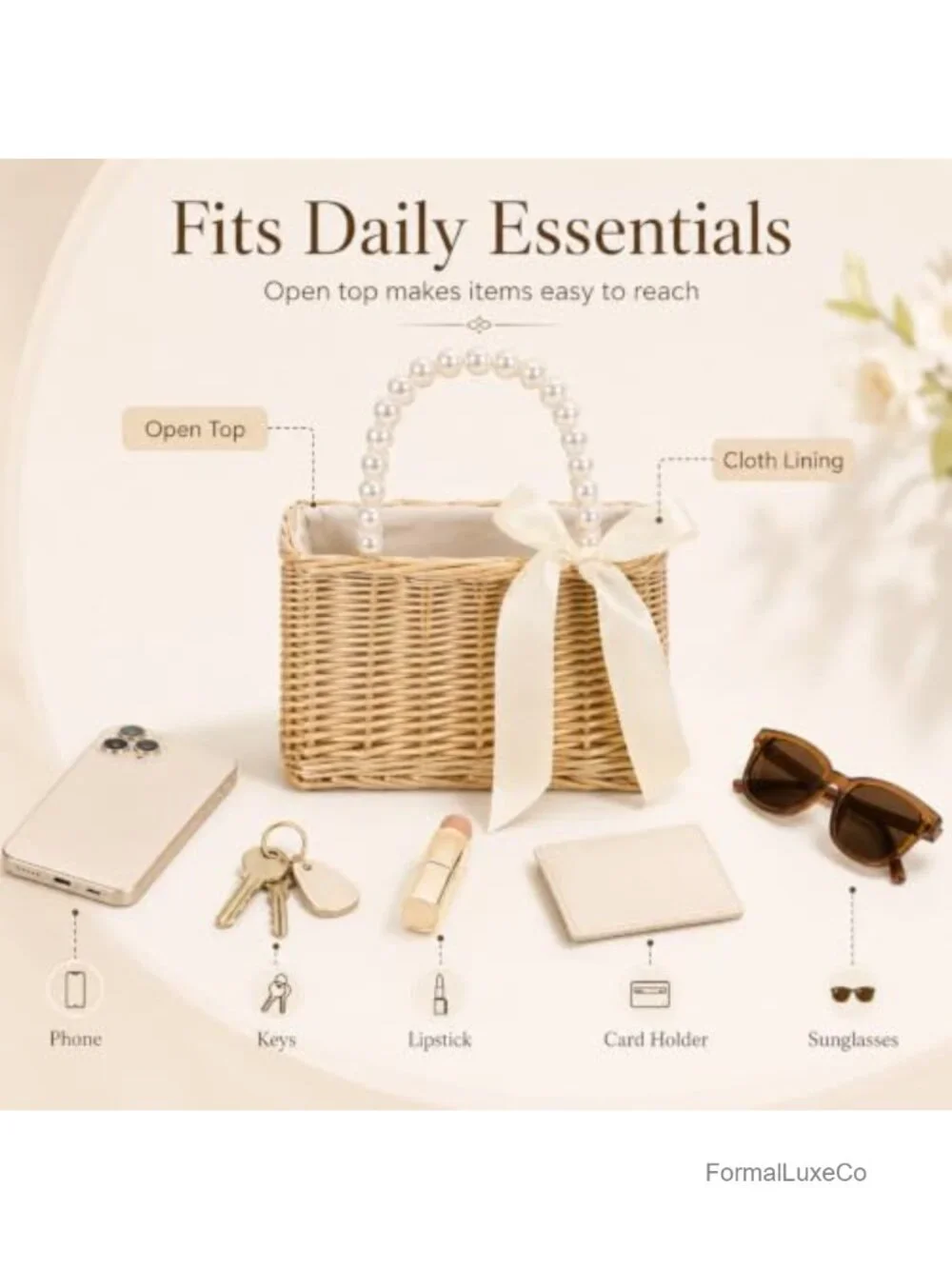 Woven Straw Basket Tote Bag with Pearl Handle Bow Drawstring Closure Summer